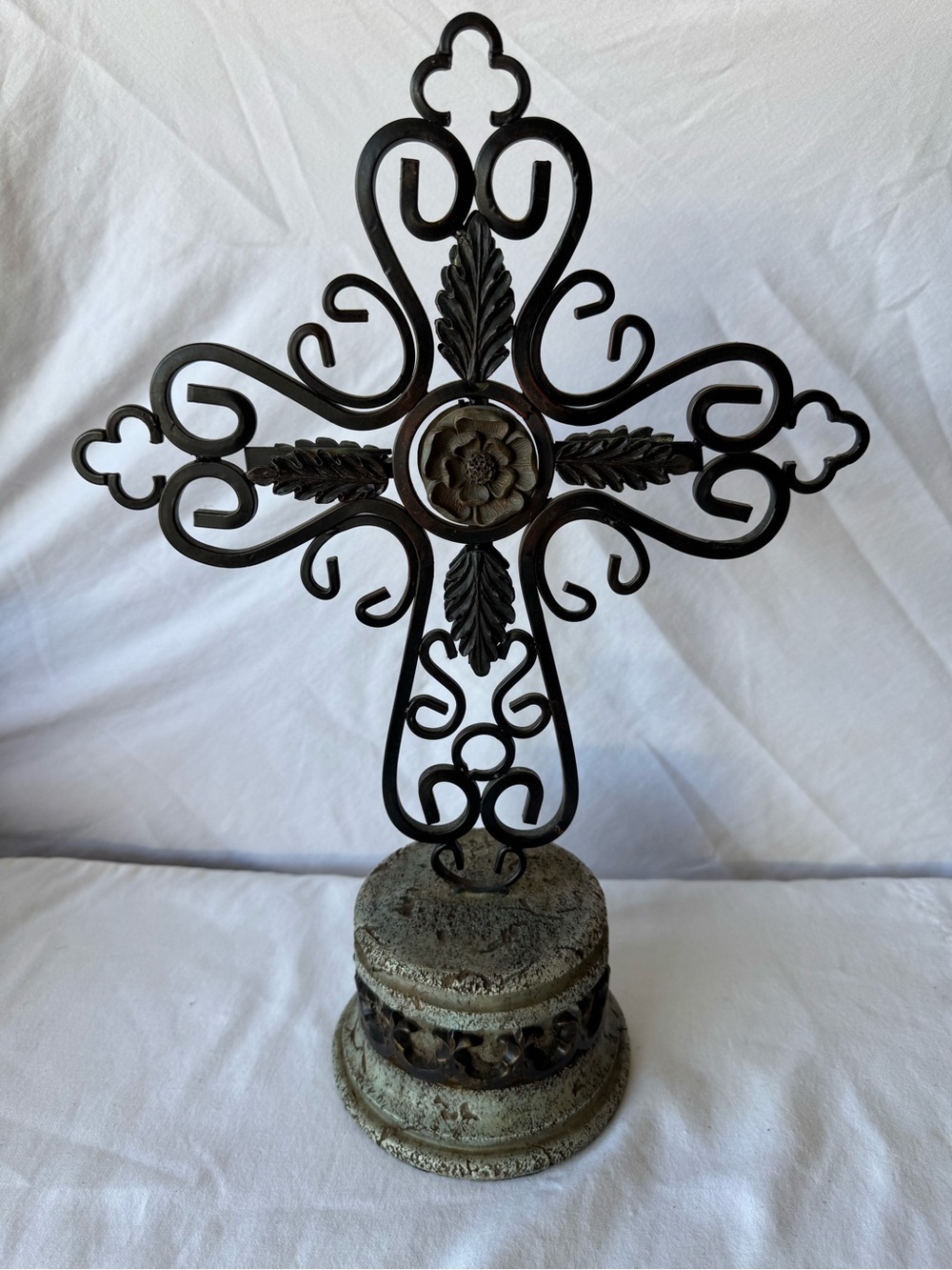 Decorative Metal Tabletop Christian Cross on Stand, Black & Distressed Gray